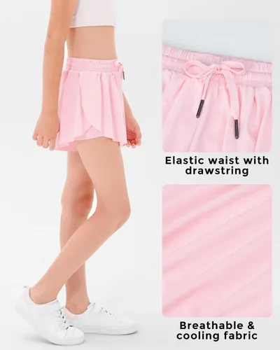 Miniatura 5 de Stelle Pantalones cortos fluidos con bolsillos para niñas, falda atlética para correr, cintura alta, mariposa, 2 en 1, pantalones cortos deportivos