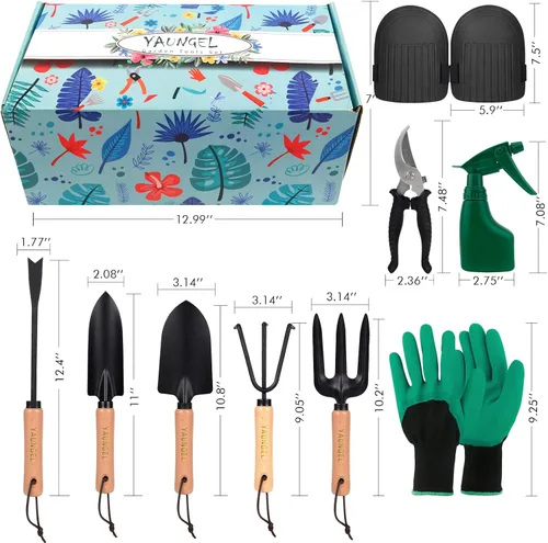 Miniatura 7 de YAUNGEL Herramientas de jardín - Juego de 10 herramientas de jardín de acero inoxidable resistente, herramientas de mano con mango de madera, bolsa