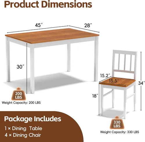 Miniatura 2 de MU Juego de mesa de comedor de 5 piezas para 4, sillas rectangulares de madera de cocina con patas de madera de goma, juego de comedor de granja que