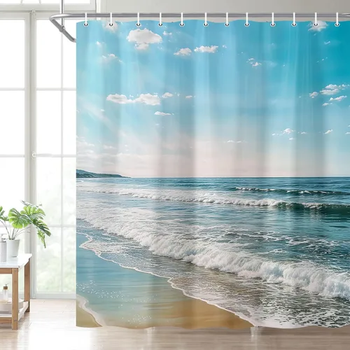 Miniatura 2 de Wathon Cortina de ducha con olas del mar del océano, cortina de baño náutica azul y blanco, accesorios de baño costero, juego de decoración de baño