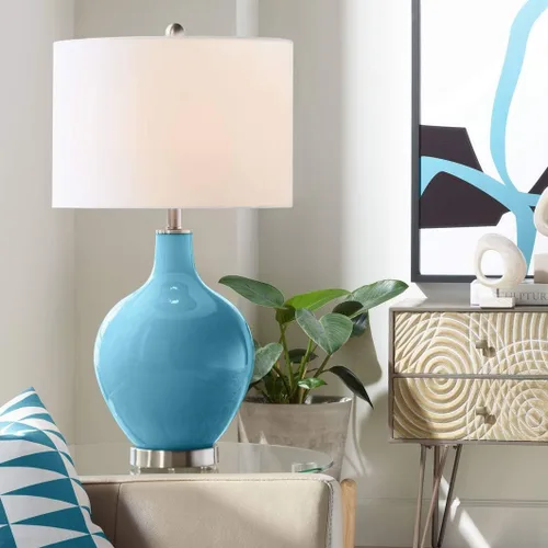 Miniatura 22 de Color + Plus Lámpara de mesa moderna de 28.5 pulgadas de alto, cristal azul Mónaco OVO blanco con pantalla de tambor de lino para sala de estar