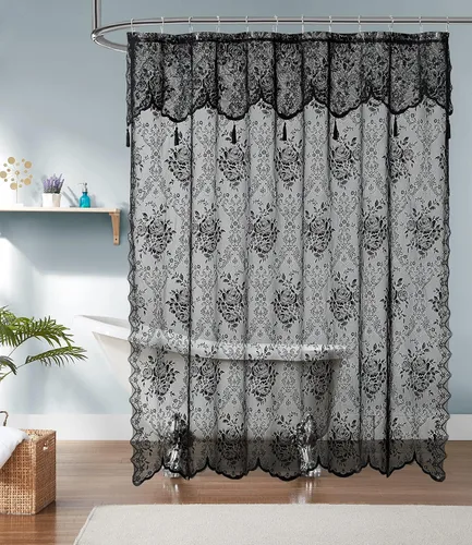 Miniatura 3 de Warm Home Designs Cortina de Ducha para Cabina Negra de 36 x 72 Pulgadas con Cenefa Adjunta y 4 Borlas. Cortina de Ducha Pequeña de Encaje de Lujo