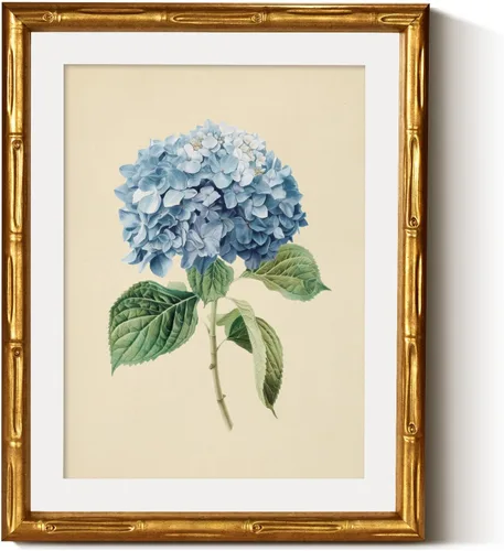 InSimSea Lienzo enmarcado de bambú dorado, impresiones botánicas de hortensias azules retro, marco de fotos floral con paspartú, decoración de pared