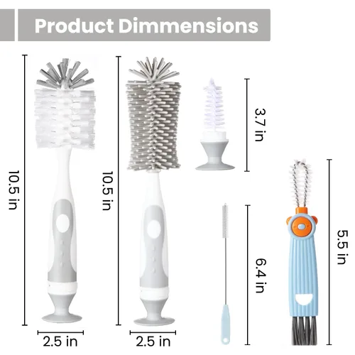 Miniatura 2 de Ariseno Juego de limpiador de biberones 5 en 1, incluye cepillo de nailon y silicona para botellas, tapa, cepillo para popote y pezón, sin BPA (gris)