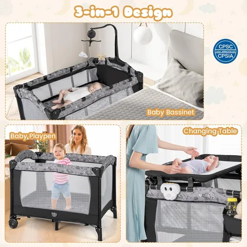 Miniatura 2 de BABY JOY 3 en 1 Pack and Play, Corralito Portátil para Bebé con Moisés, Mesa Cambiadora, Ruedas Bloqueables, Caja de Música Luminosa, Cuna Moisés