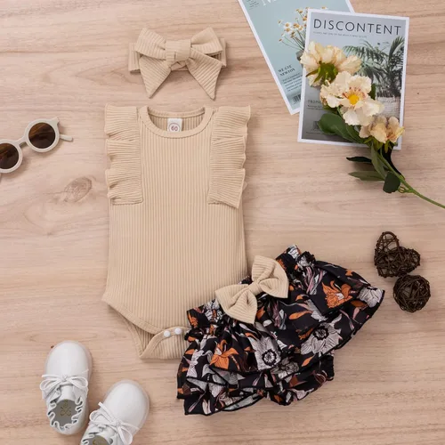 Miniatura 2 de Conjunto de ropa de verano para bebés recién nacidos, manga con volantes, camiseta con tirantes florales y pantalones cortos con diadema