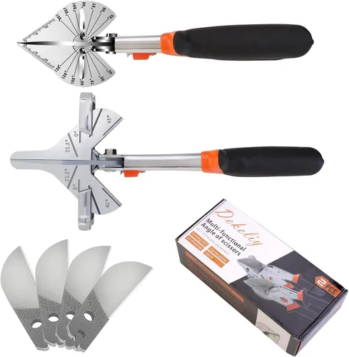 Miniatura 7 de Paquete de 2 tijeras de inglete, tijeras multifuncionales para corte angular de moldeo y recorte, herramienta de corte redondo ajustable a 22.5 a