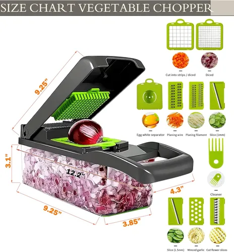 Miniatura 2 de Picadora de verduras y espiralizador profesional 16 en 1 – Picadora de alimentos de varias cuchillas con recipiente, picadora de cebolla, cortador