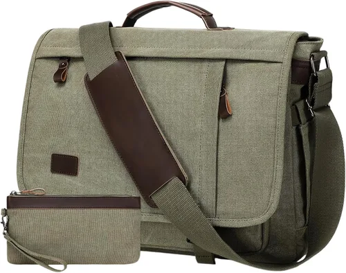 Miniatura 11 de Bolso de Mensajero de 17.3 Pulgadas para Hombre: 2 Piezas Bolso para Laptop de Cuero PU y Tela de Lona Maletín de Trabajo Grande para Oficina