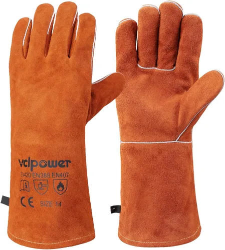 Miniatura 10 de vclpower Guantes de soldadura talla M para mujeres y manos pequeñas, guantes de forja de cuero resistentes al calor extremo al fuego para Mig, Tig