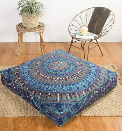 Miniatura 6 de Popular Handicrafts Funda de cojín de suelo – Funda de cojín de mandala de elefante hippie grande de algodón – Funda de puf redonda bohemia Azul