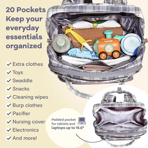 Miniatura 5 de RUVALINO Mochila para pañales, Paquete de viaje multifunción Bolsas cambiadoras para bebés de maternidad, gran capacidad, impermeable, cuadros azules