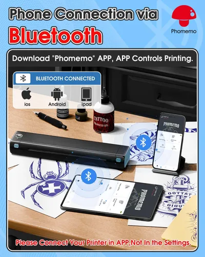 Miniatura 4 de Phomemo Impresora de plantilla de tatuaje, impresora térmica inalámbrica M08F con 10 piezas de papel de transferencia, compatible