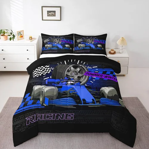 Miniatura 9 de Feelyou Juego de edredón azul de carreras para niños, juego de ropa de cama de coche deportivo para niños y niños, edredón deportivo geométrico a
