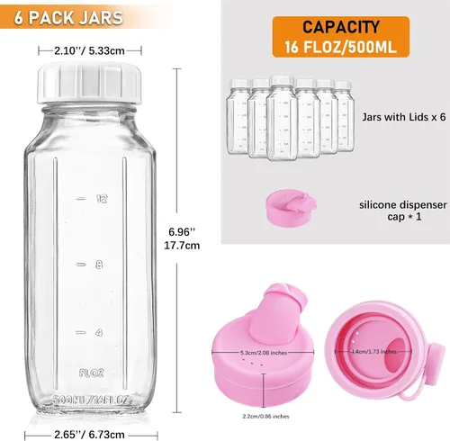 Miniatura 4 de Sovietiep Botellas de leche de vidrio cuadradas de 16 onzas con una tapa de silicona, paquete de 6 botellas de vidrio para jugo con tapas