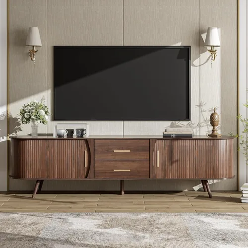 Miniatura 9 de Soporte de TV para TV de 80 pulgadas, centro de entretenimiento moderno de mediados de siglo con cajones de almacenamiento, puertas de tambor y toma