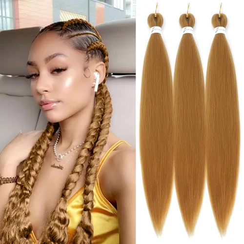 Miniatura 11 de Cabello trenzado preestirado de 18 pulgadas, 3 paquetes de cabello rubio miel preestirado, extensiones de cabello sintético profesional, sin