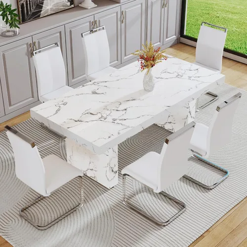 Miniatura 33 de gopop Mesa de comedor de mármol de 63 pulgadas, tablero de mesa de comedor MDF con patrón de mármol y base para cocina y comedor.