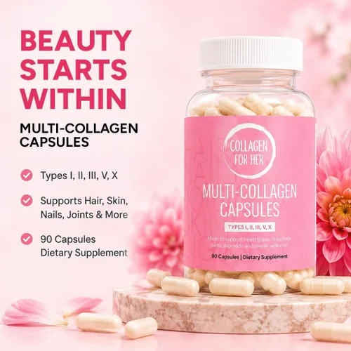 Miniatura 4 de Collagen For Her: Cápsulas de colágeno múltiple para mujeres (tipos I, II, III, V, X), péptidos de colágeno hidrolizados, suplemento vitamínico