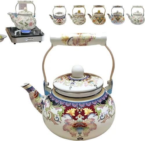 Tetera esmaltada vintage de 2.6 cuartos de galón, tetera esmaltada floral en acero con mango de porcelana de tacto fresco para estufa, hervidor de