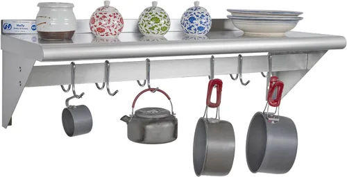 Hally Estante de Acero Inoxidable con 6 Ganchos 12" x 36" Estante para Ollas Montado en Pared, Estantería Flotante Comercial NSF para Almacenamiento