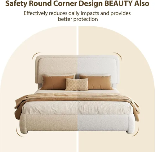 Miniatura 7 de Base de cama tamaño Queen, marco de cama de terciopelo Teddy Boucle con cabecera tapizada ajustable de 43.3"/45.3", esquinas redondeadas, base