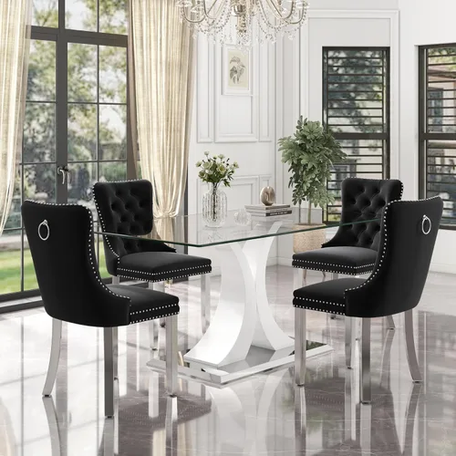 Miniatura 45 de Moderno juego de comedor de cristal de lujo para 6, 63 pulgadas, juego de vajilla rectangular minimalista grande para 6, juego de mesa de cocina