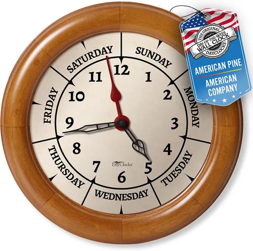 Miniatura 13 de Reloj de pared de hora y día de la semana con marco de acento de arce de 13.5 pulgadas, regalo de jubilación ideal para hombres y mujeres, reloj