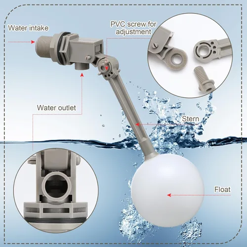 Miniatura 4 de Cinnvoice Paquete de 2 válvulas de flotador de agua con brazo ajustable, bola flotante de agua de 3/4 pulgadas, válvula gris para tanque de apagado