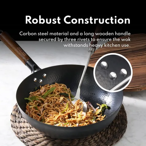 Miniatura 6 de New Star Foodservice 1029154 Acero al carbono martillado a mano, acero al carbono Wok antiadherente, incluye fondo redondo de 12.7 pulgadas, tapa