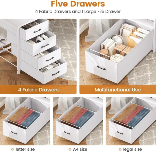 Miniatura 6 de SEDETA Escritorio blanco para computadora con 5 cajones y toma de corriente, escritorio de oficina en casa de 75 pulgadas con cajón de archivos