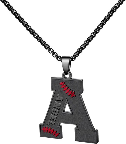 Miniatura 34 de Ldurian Collar personalizado con nombre de béisbol, cadena negra de acero inoxidable, collar con nombre deportivo, letra A-Z de 24 pulgadas, regalos