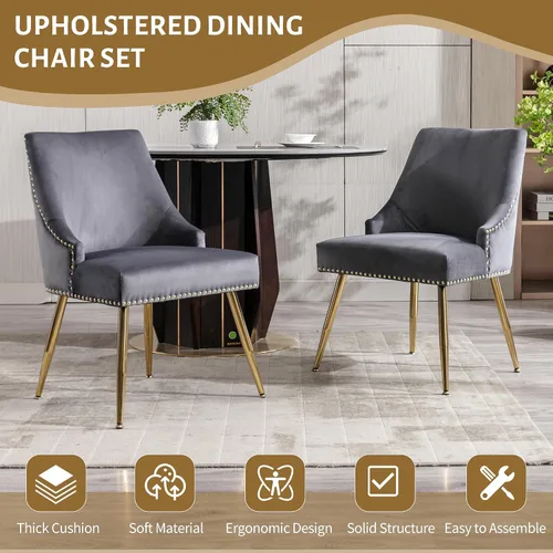 Miniatura 8 de KCC Juego de 2 sillas de comedor de terciopelo con forma de cabeza de clavo con patas doradas para cocina, sala de estar (gris)