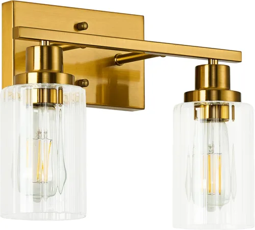 Miniatura 8 de Jonsi Accesorios de iluminación de baño dorados, 2 luces de tocador de oro cepillado con pantalla de vidrio estriada, luces modernas sobre espejo