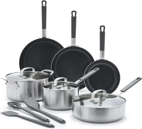 Miniatura 5 de GreenPan x Bobby Flay - Juego de 12 piezas de ollas y sartenes de acero inoxidable, grado profesional tricapa, Multiclad, antiadherente de cerámica