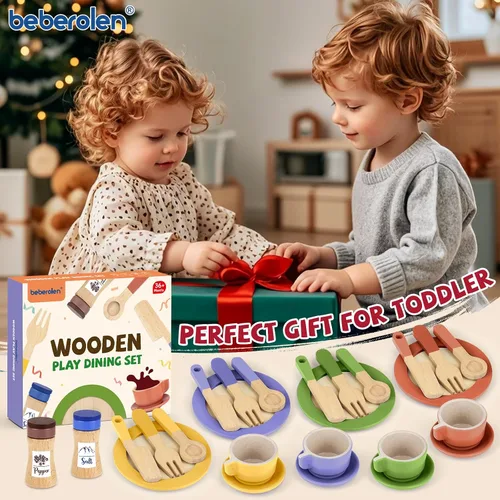 Miniatura 6 de Platos y platos de madera para niños, accesorios de cocina para niños pequeños de 1 a 3 años, juguetes de cocina, tazas de té para niños, regalo