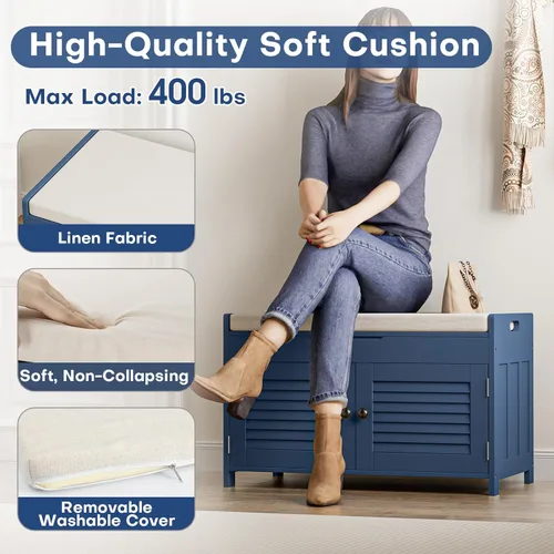 Miniatura 5 de WARMHONIU Banco de Almacenamiento para Zapatos con Tapa Levantable, Banco de Entrada con Asiento Acolchado, Estante Ajustable, Zapatero de 2 Niveles