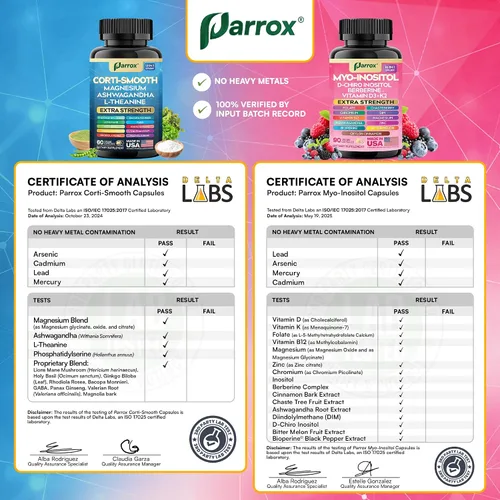 Miniatura 7 de Paquete de Suplementos Parox Cortisol y Myo-Inositol, Paquete de Calma y Suavidad, Equilibrio de Cortisol 13-en-1, Magnesio, Ashwagandha, L-Teanina