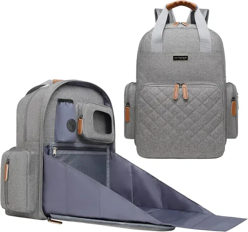 Mochila para pañales con cambiador, organizador de bolsas de pañales para mamás, papás, bolsas cambiadoras grandes para bebés Gris