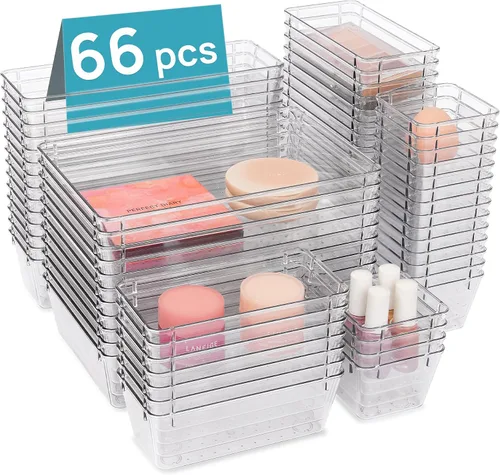 Miniatura 9 de Vtopmart Juego de 72 organizadores de cajones de plástico transparente, 4 tamaños versátiles bandejas organizadoras de baño y tocador, recipientes