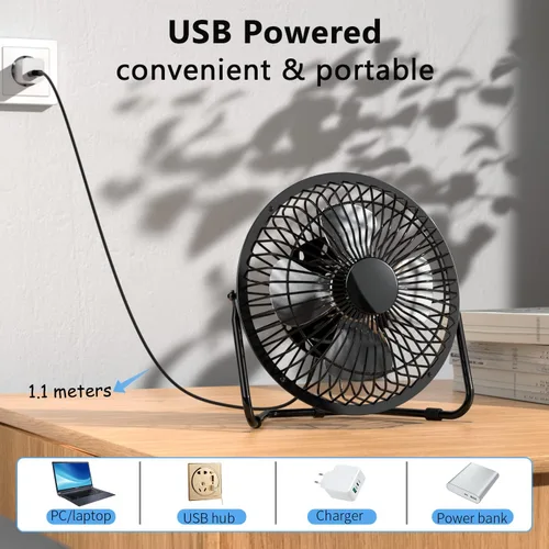 Miniatura 6 de Zuvas Ventilador de escritorio, silencioso y pequeño, ventilador USB de rotación de 360°, ventilador de mesa portátil de 2 velocidades, mini Negro