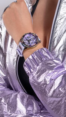 Miniatura 4 de GUESS Reloj para mujer de 1.57 pulgadas, correa morada, esfera lavanda, caja iridiscente, Púrpura