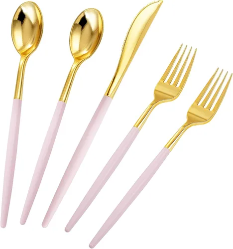 Miniatura 12 de Rubtlamp 90 cubiertos negros de plástico, cubiertos desechables de graduación, utensilios resistentes incluyen 30 cuchillos desechables, 60