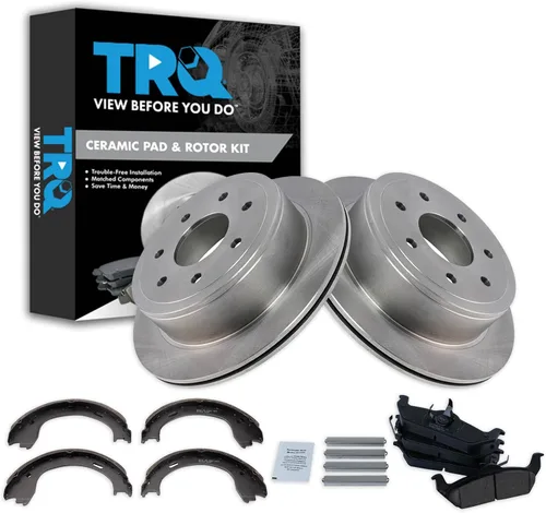 Miniatura 135 de TRQ Kit de pastillas de freno y rotor Posi trasero premium con zapatas de estacionamiento para camión GM SUV