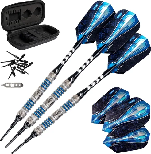 Viper Astro - Juego de dardos de punta suave de 80% tungsteno con estuche anillos azules
