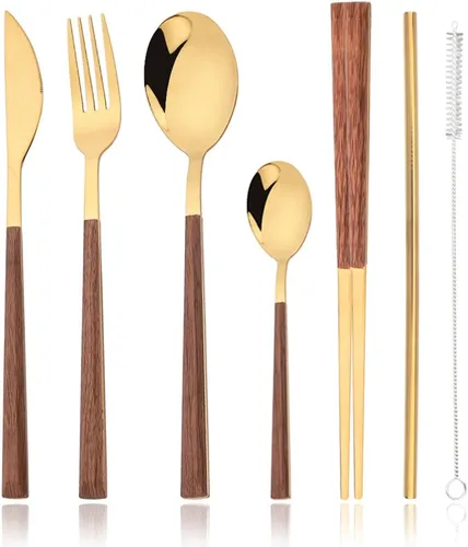 JASHII Juego de cubiertos reutilizables de 24 piezas, acero inoxidable dorado, tenedor, cuchara, palillo y mango cuadrado de madera, servicio para