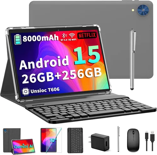Tablet Android 15 2026 con teclado - 26GB+256GB+2TB Expand, Octa-Core, Gemini AI, 2.4G/5G Wifi, 8000mAh, Widevine L1, cámara dual, tabletas 2 en 1