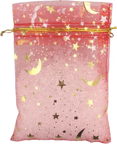 Miniatura 8 de QIANHAILIZZ - 100 bolsas de organza con diseño de estrellas y lunas para joyas, para regalo de caramelos, regalo de matrimonio, con cordón