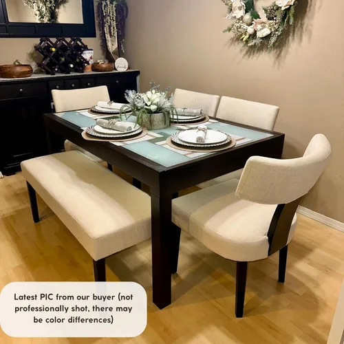 Miniatura 3 de Juego de 2 sillas de comedor de madera negra, sillas tapizadas de lino beige para cocina y comedor con respaldo medio, sillas laterales modernas