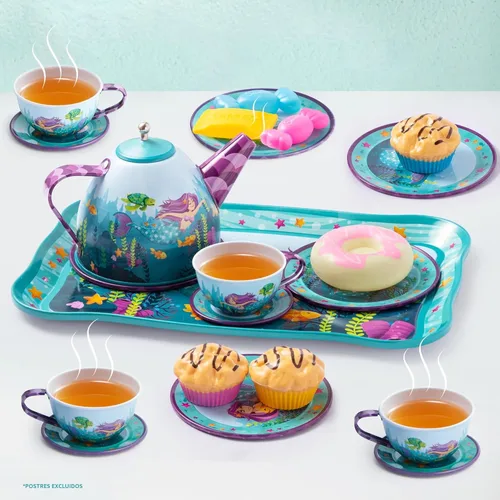 Miniatura 7 de JOYIN Juego de fiesta de té de sirena para niñas pequeñas, juego de tetera de hojalata, juguete de cocina con tetera, tazas, platos, estuche